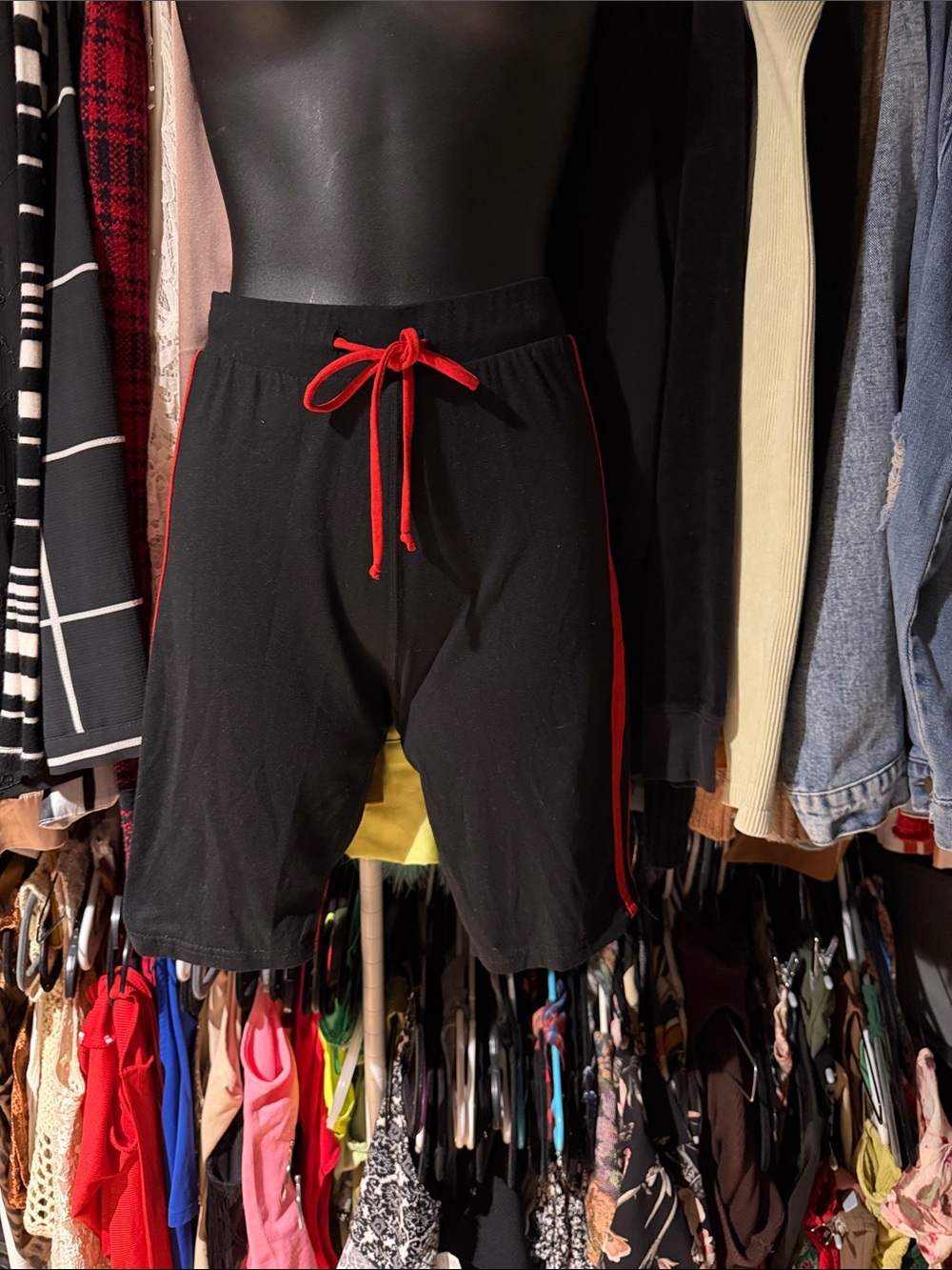 Fashion Nova Black Athletic Shorts with Red Drawstring and Red Side Stripe